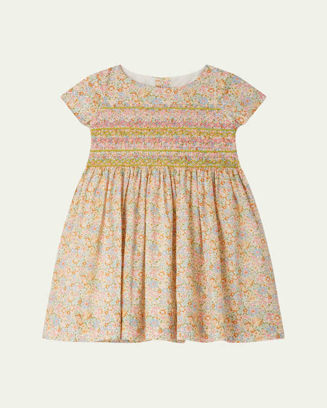 Girl's Duchesse Floral-Print Smocked Dress, Size 4-12